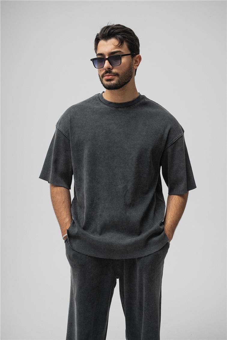 Yıkamalı Fitilli Oversize T-Shirt Yıkamalı Siyah