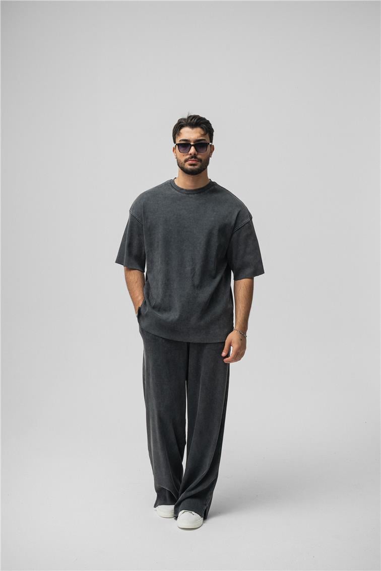 Yıkamalı Fitilli Oversize T-Shirt Yıkamalı Siyah
