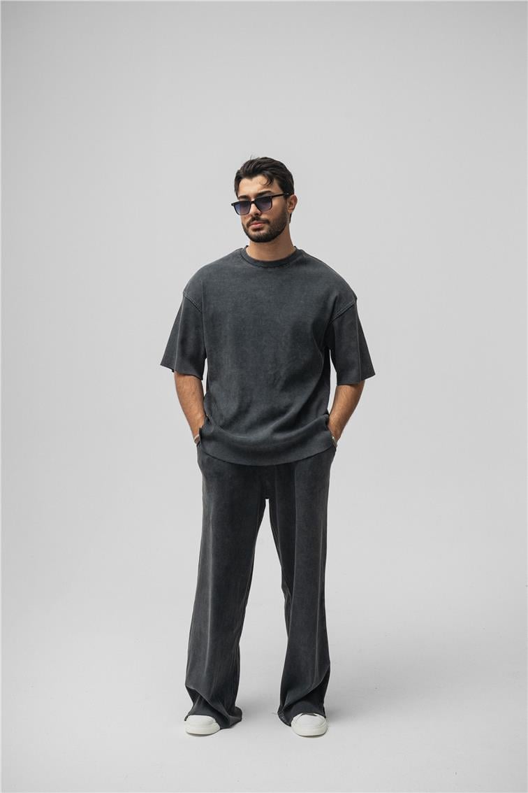 Yıkamalı Fitilli Oversize T-Shirt Yıkamalı Siyah