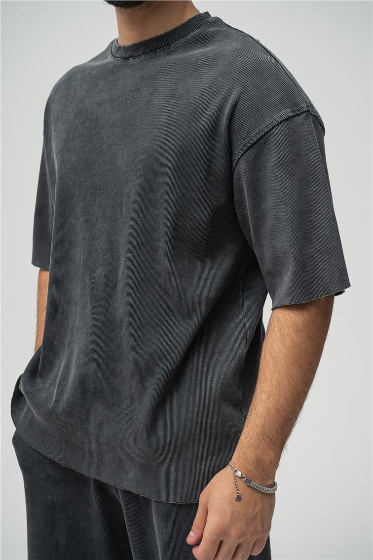 Yıkamalı Fitilli Oversize T-Shirt Yıkamalı Siyah