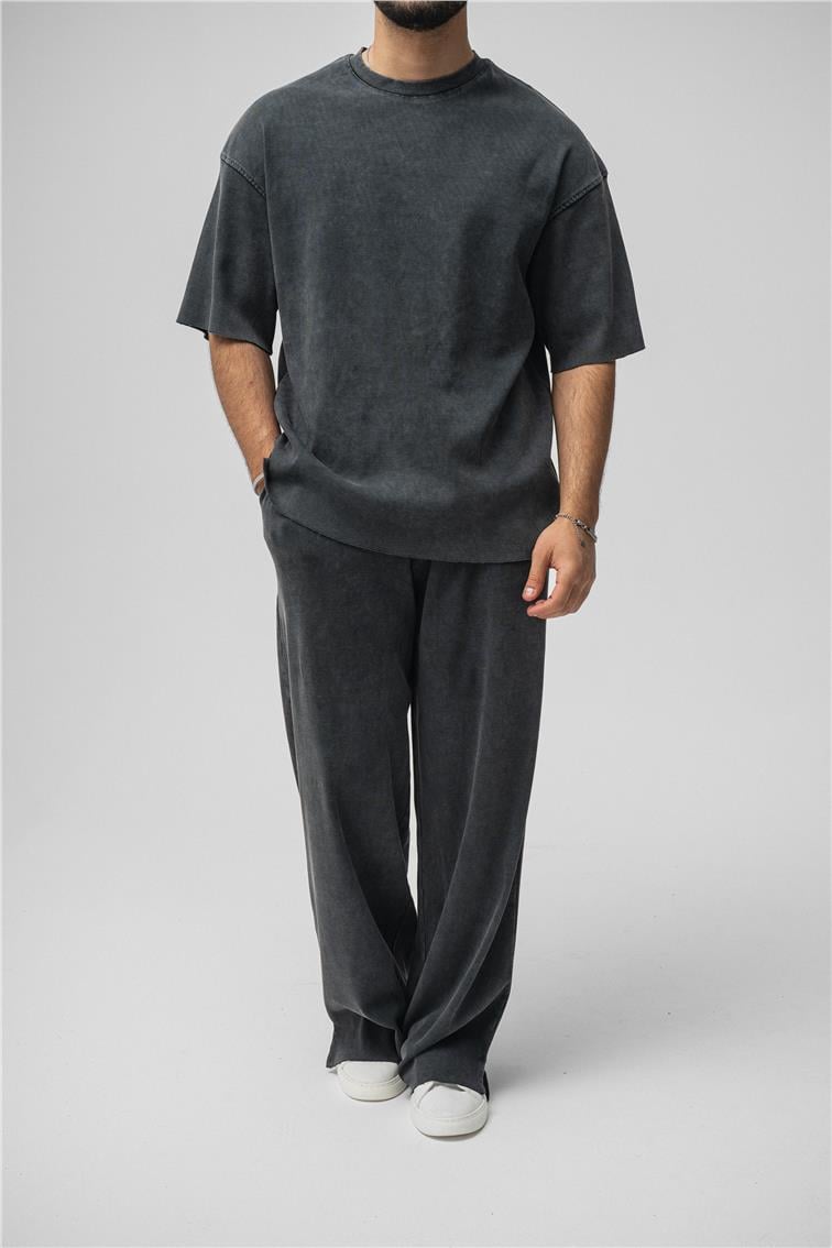 Yıkamalı Fitilli Oversize T-Shirt Yıkamalı Siyah