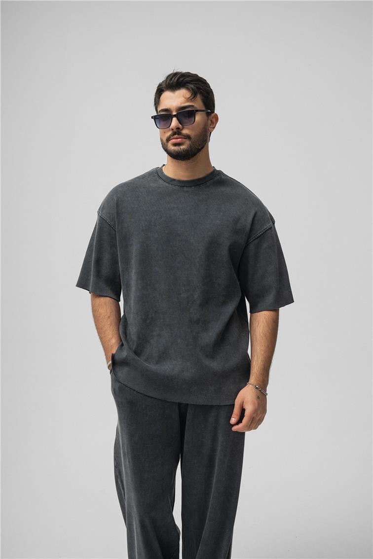 Yıkamalı Fitilli Oversize T-Shirt Yıkamalı Siyah