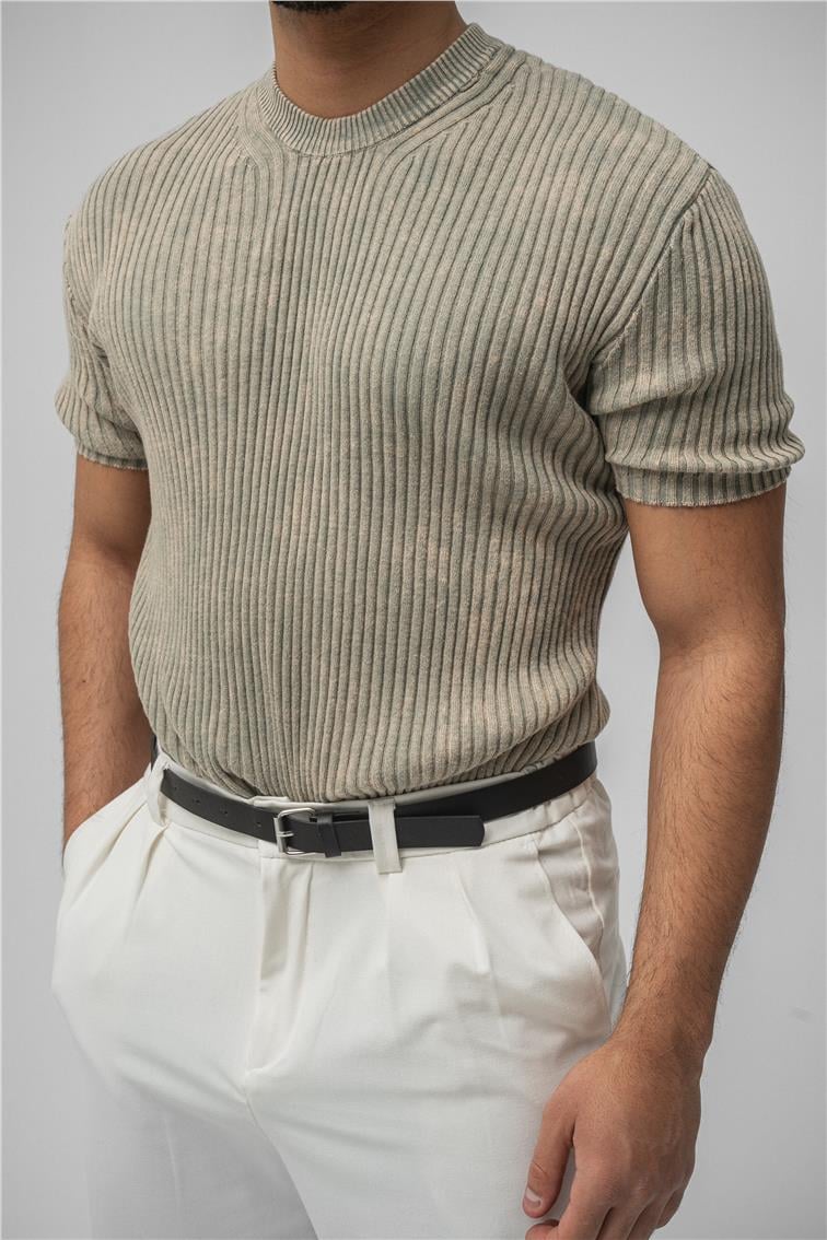 Yıkamalı İnce Şeritli T-Shirt Yıkamalı Bej