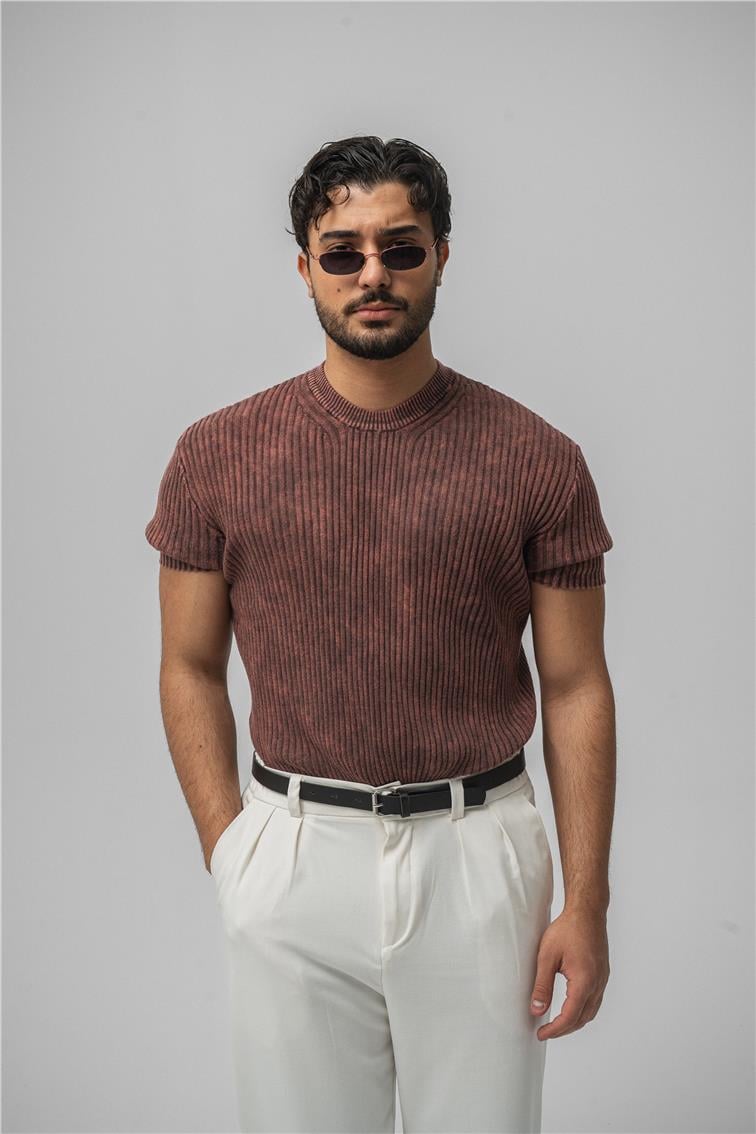 Yıkamalı İnce Şeritli T-Shirt Yıkamalı Kırmızı