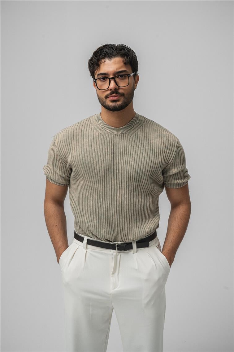 Yıkamalı İnce Şeritli T-Shirt Yıkamalı Bej