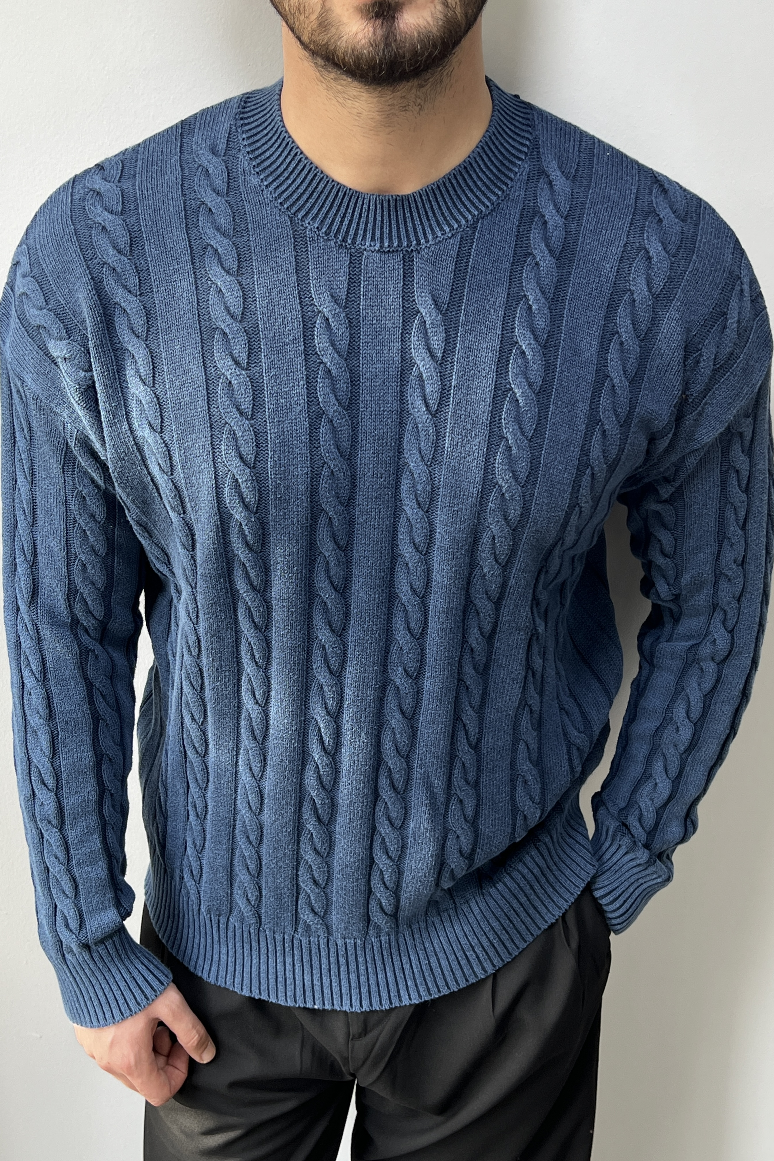 Yıkamalı İşlemeli Kazak Lacivert