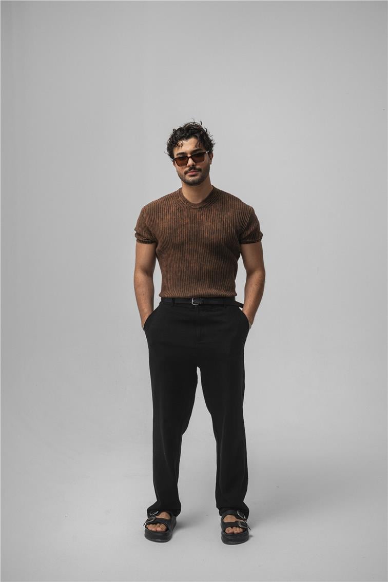 Yıkamalı Loose Fit Ribbed T-Shirt Yıkamalı Kahve