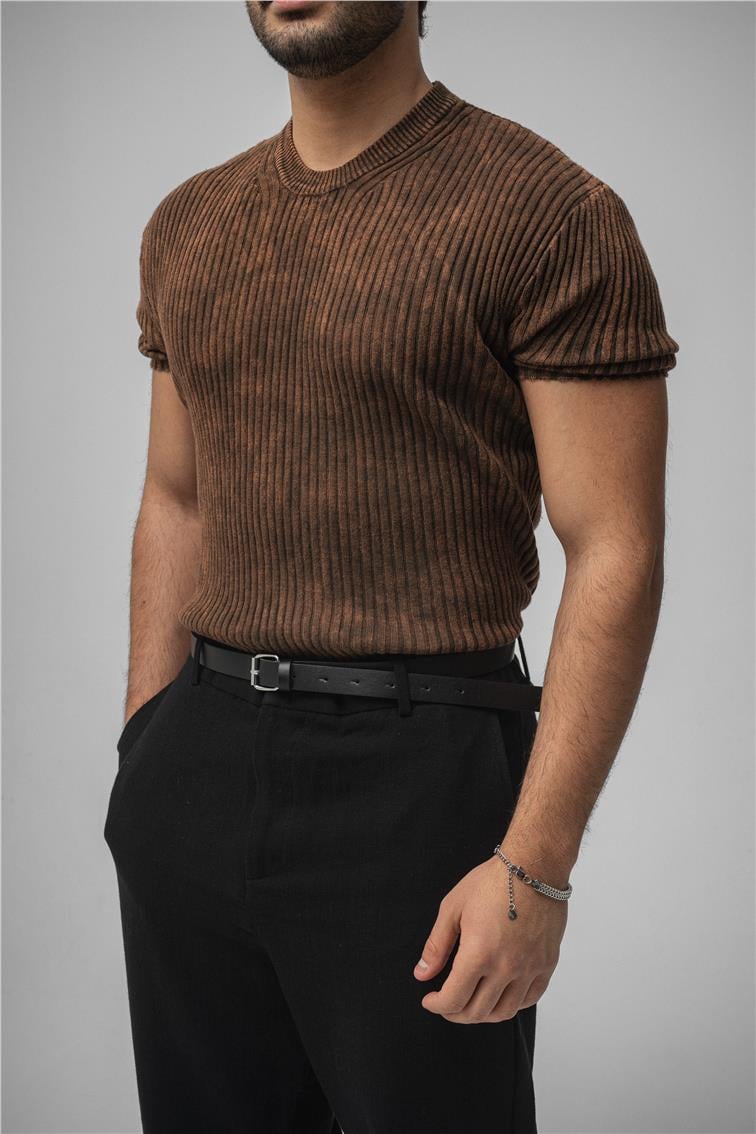 Yıkamalı Loose Fit Ribbed T-Shirt Yıkamalı Kahve