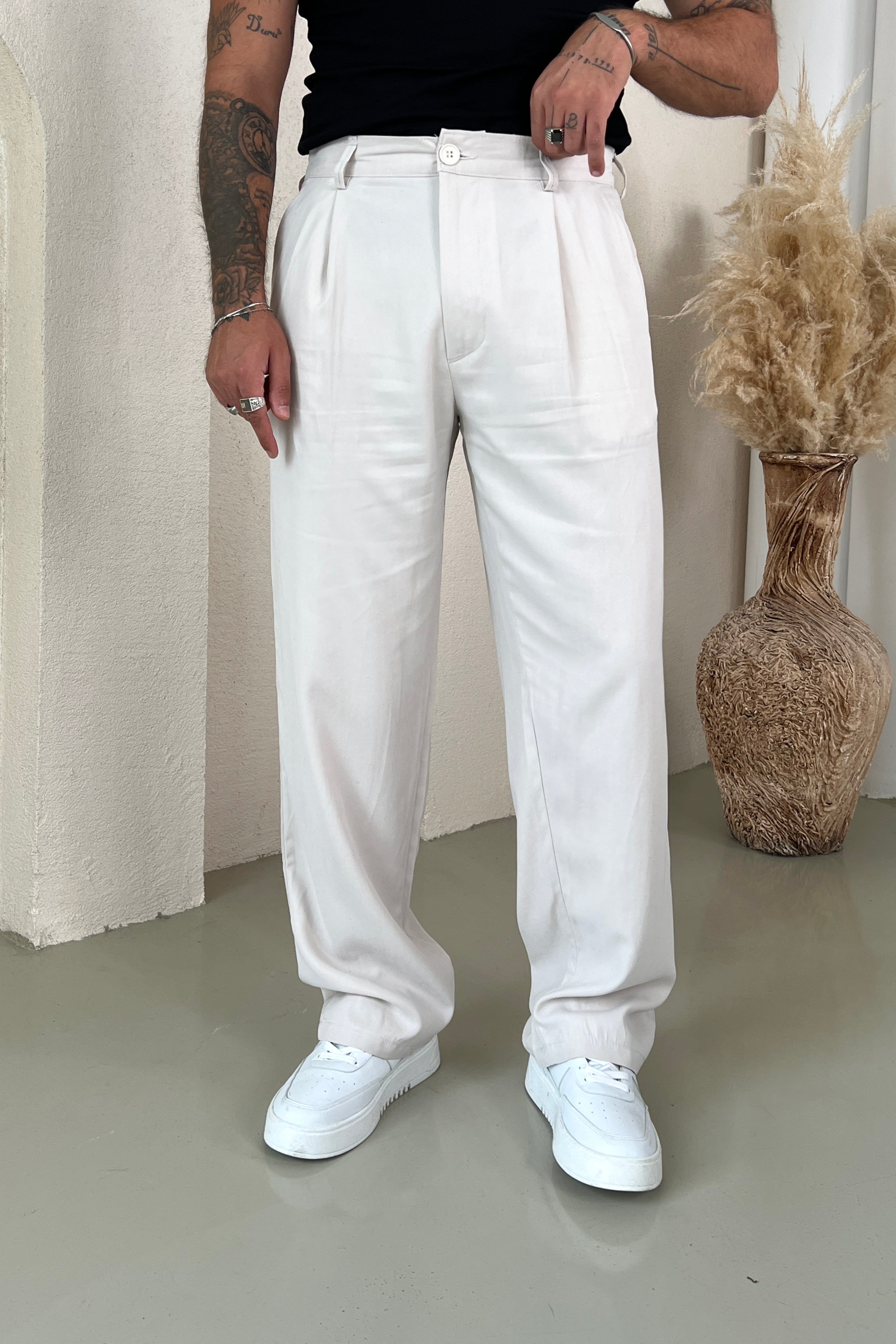 Yıkamalı Modal Baggy Pantolon Krem