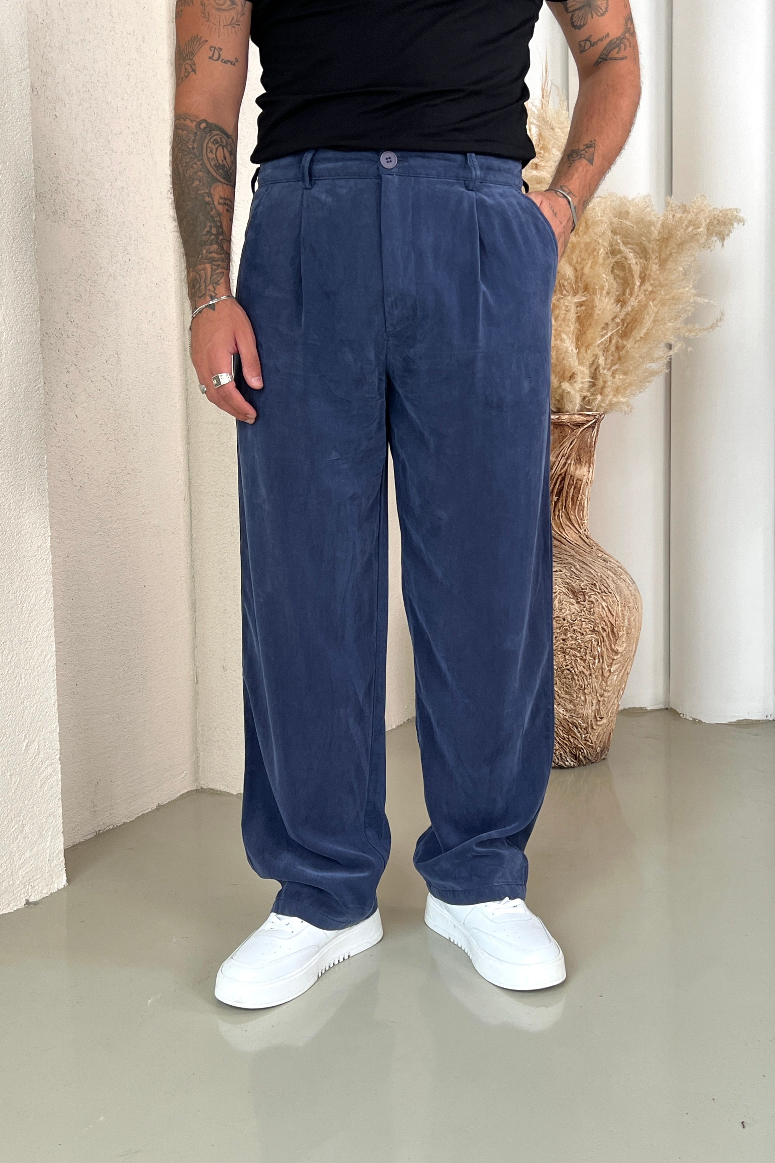 Yıkamalı Modal Baggy Pantolon Lacivert