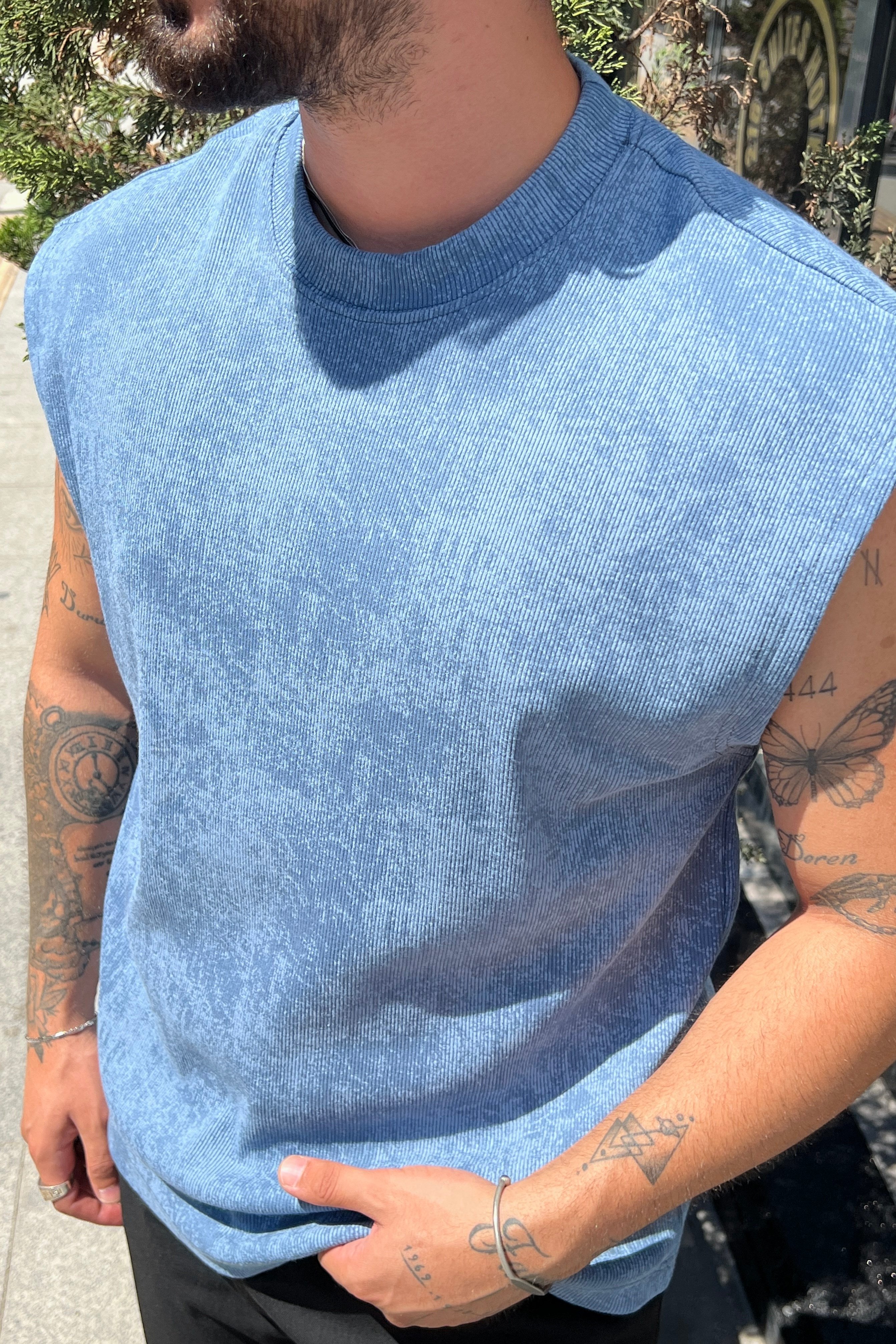 Yıkamalı Oversize Atlet Mavi