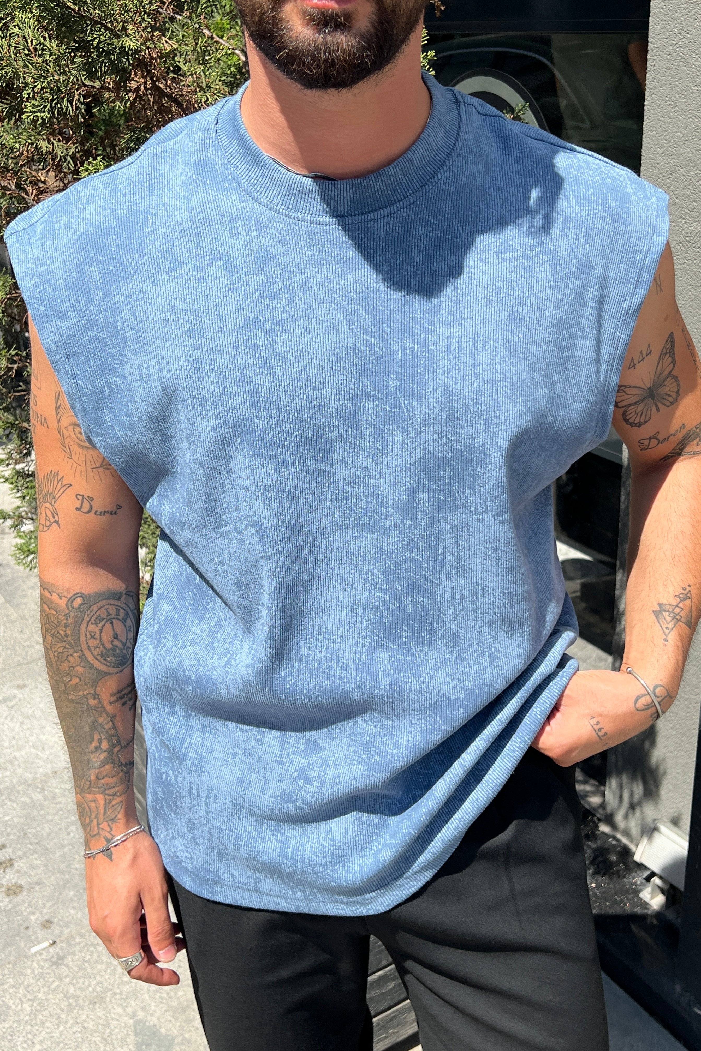 Yıkamalı Oversize Atlet Mavi
