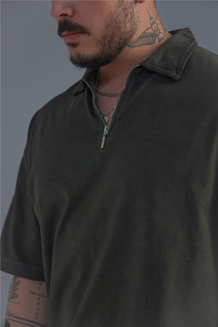 Yıkamalı Polo Yaka T-Shirt Yeşil