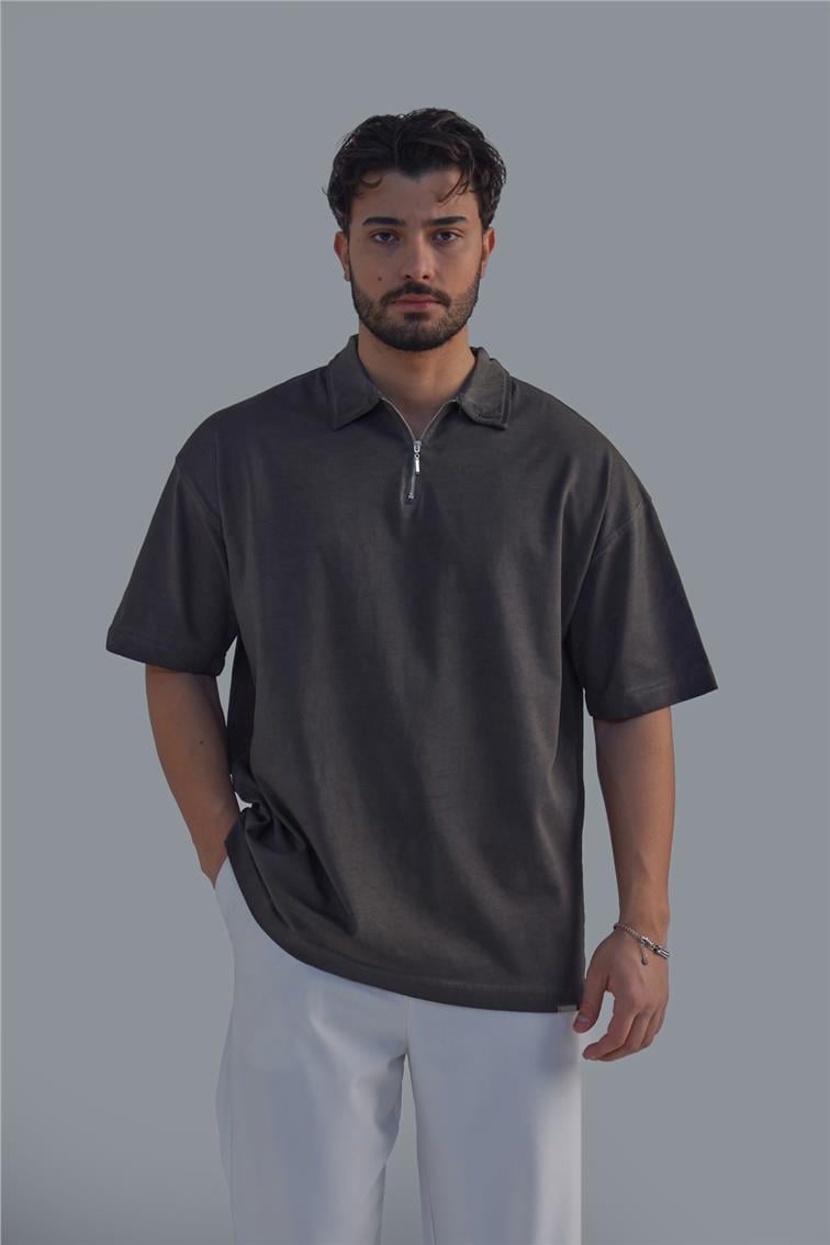 Yıkamalı Polo Yaka T-Shirt Yıkamalı Haki