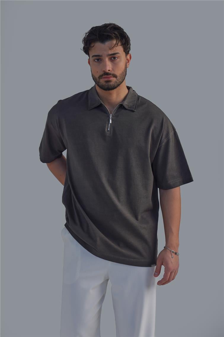 Yıkamalı Polo Yaka T-Shirt Yıkamalı Haki