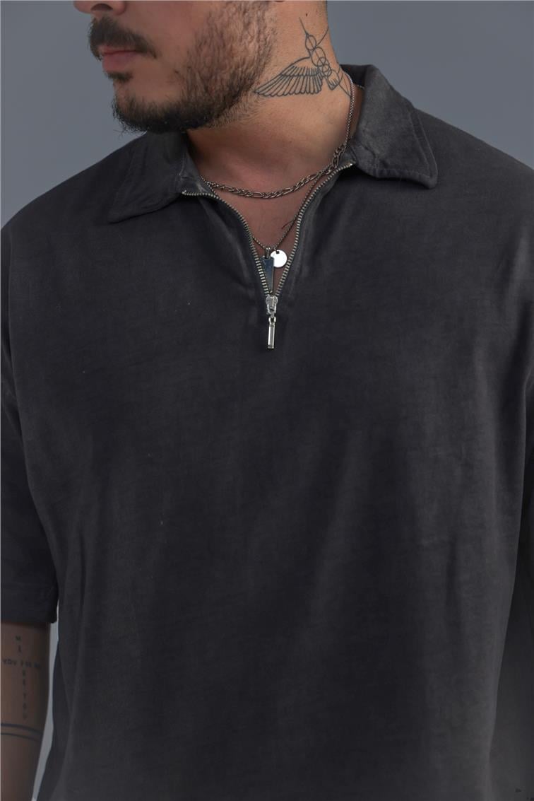 Yıkamalı Polo Yaka T-Shirt Yıkamalı Siyah