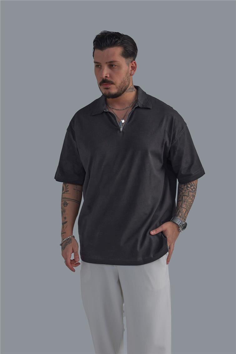 Yıkamalı Polo Yaka T-Shirt Yıkamalı Siyah