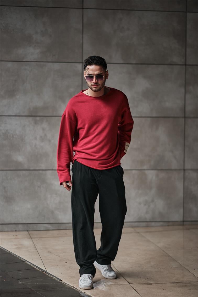 Yırtık Detaylı Oversize Sweatshirt Kırmızı