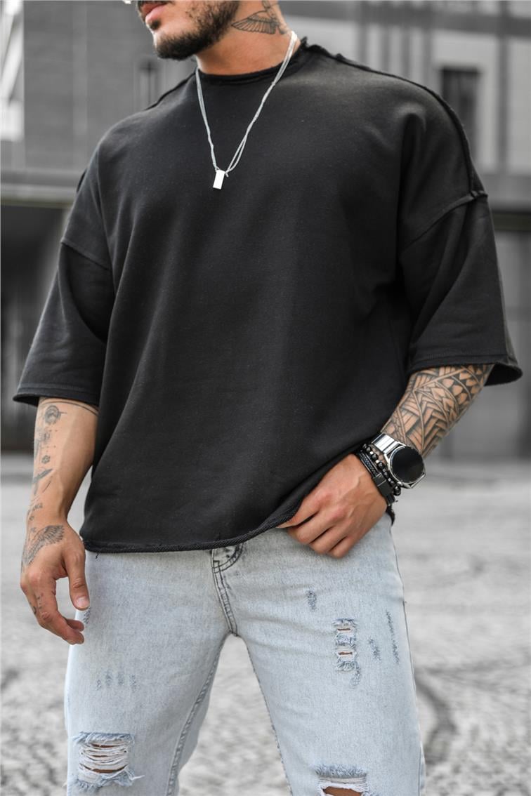 Yırtık Detaylı Oversize T-Shirt Siyah