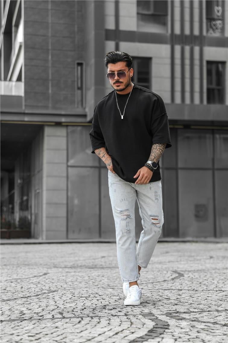 Yırtık Detaylı Oversize T-Shirt Siyah
