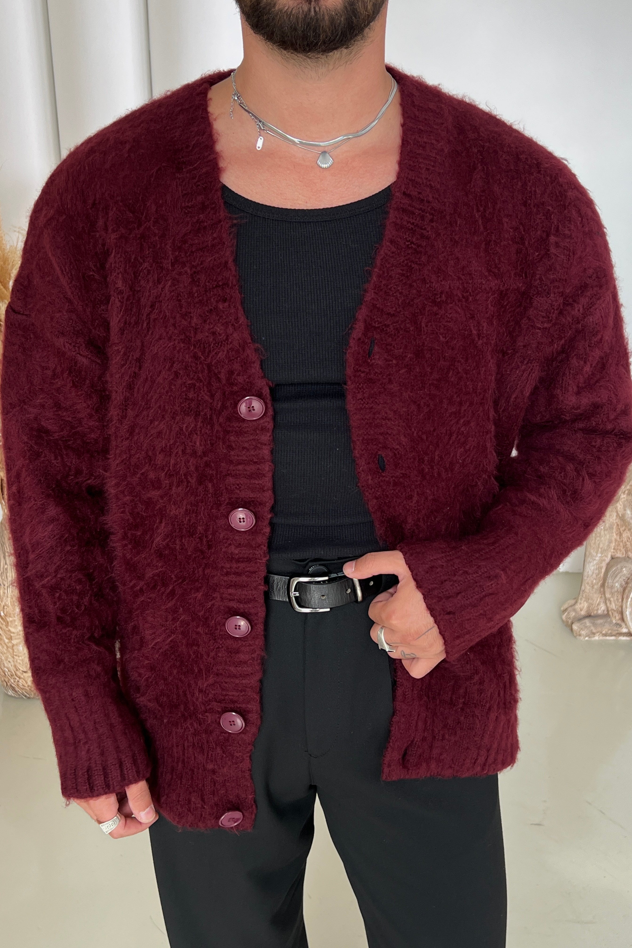 Yün Görünümlü Oversize Basic Kazak Bordo