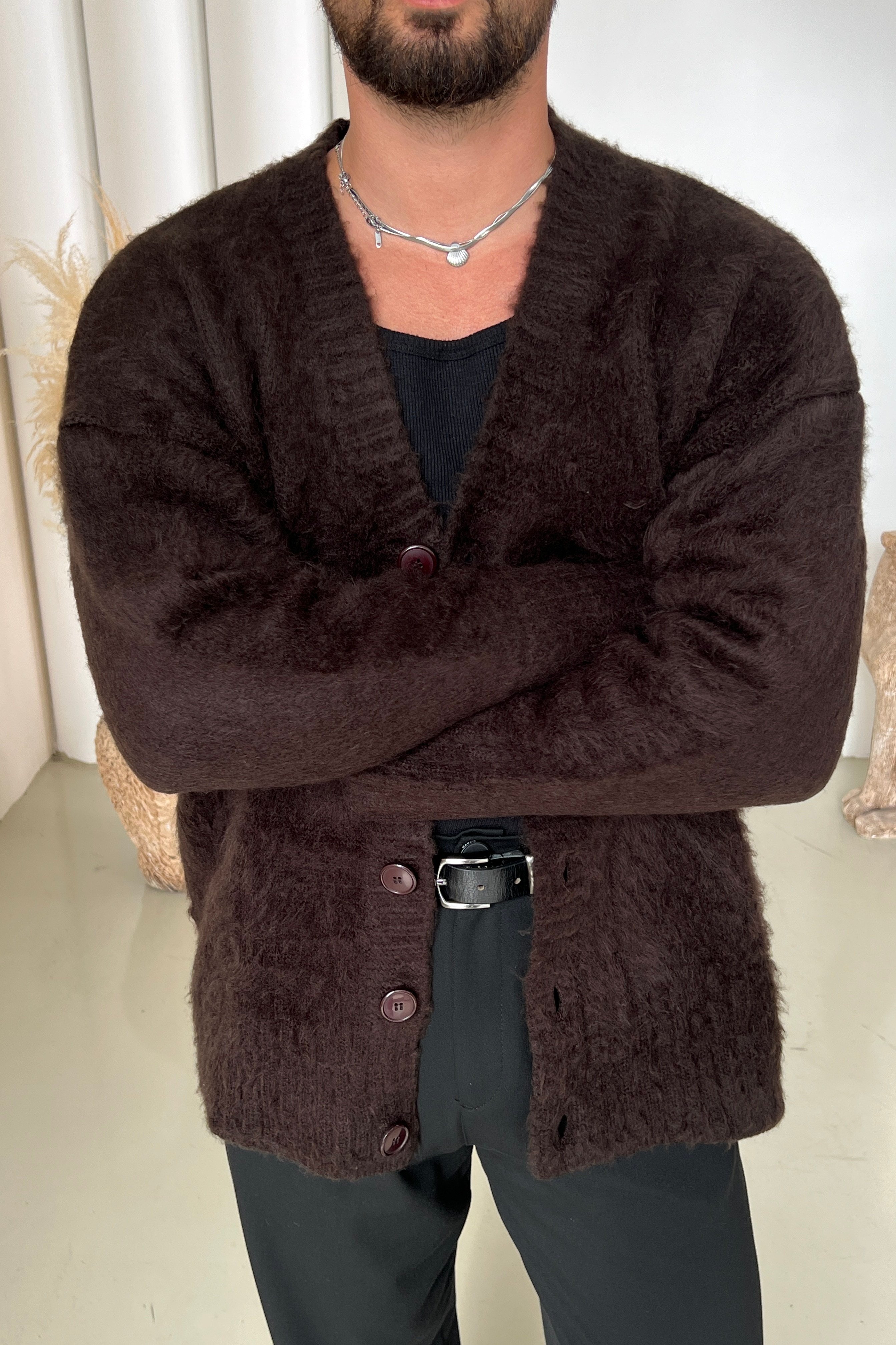 Yün Görünümlü Oversize Basic Kazak Kahve