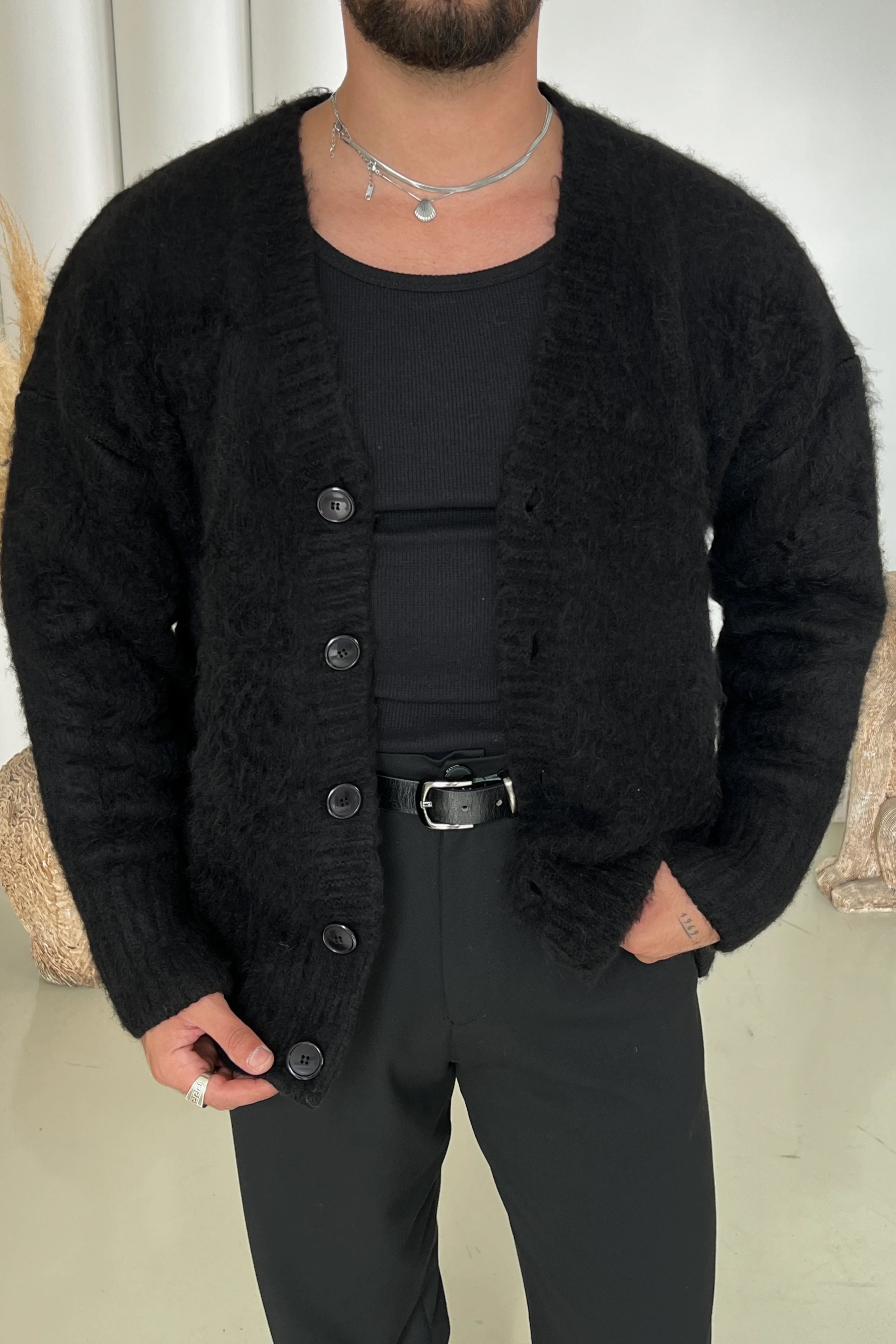 Yün Görünümlü Oversize Basic Kazak Siyah