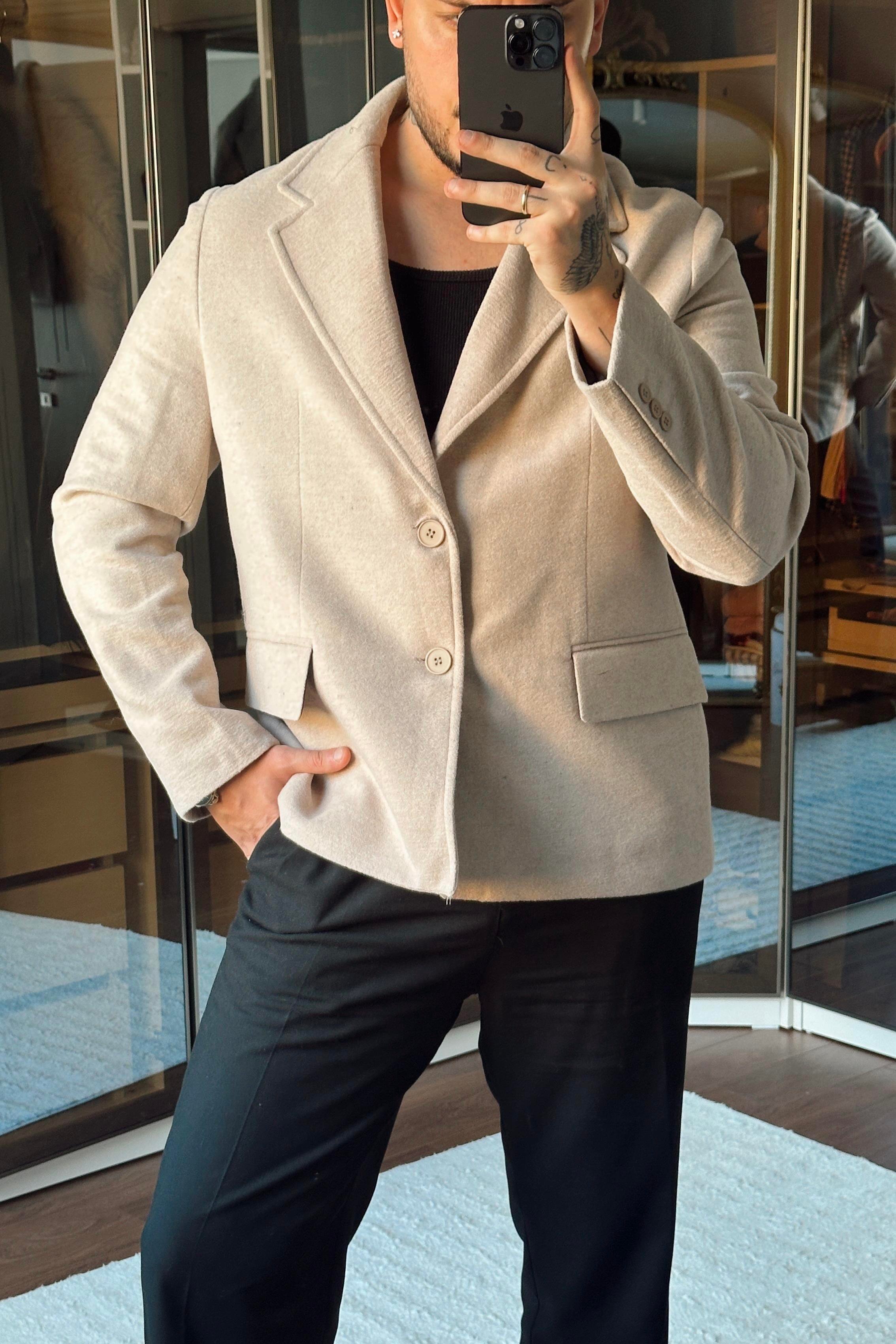 Yün Karışımı Slimfit Basic Ceket Krem