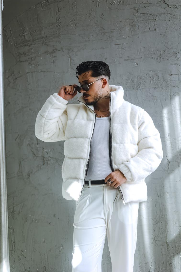 Yün Oversize Şişme Mont Beyaz