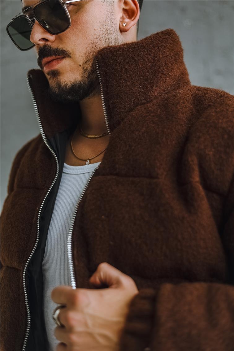 Yün Oversize Şişme Mont Kahve