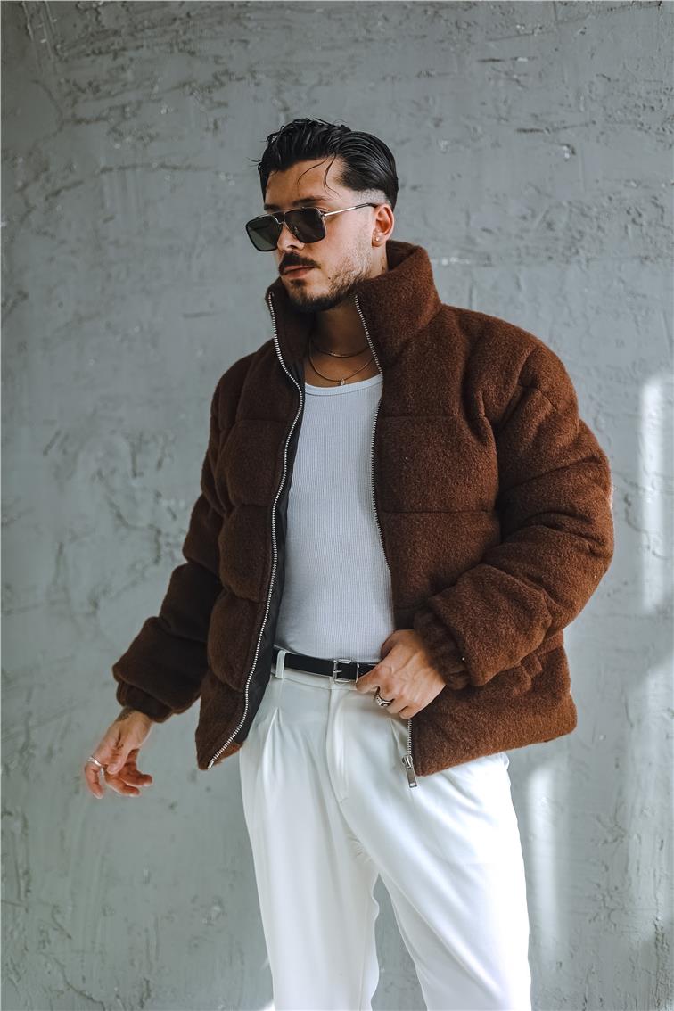 Yün Oversize Şişme Mont Kahve