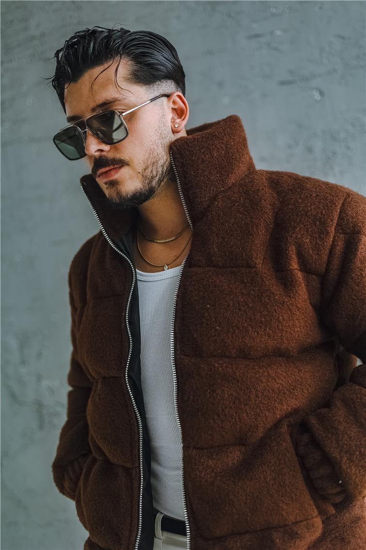 Yün Oversize Şişme Mont Kahve