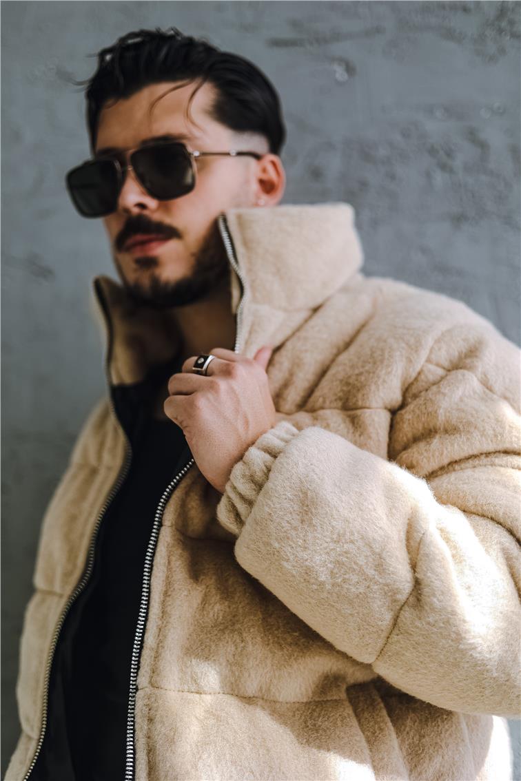 Yün Oversize Şişme Mont Krem