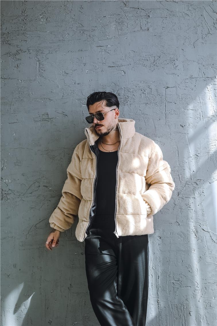 Yün Oversize Şişme Mont Krem