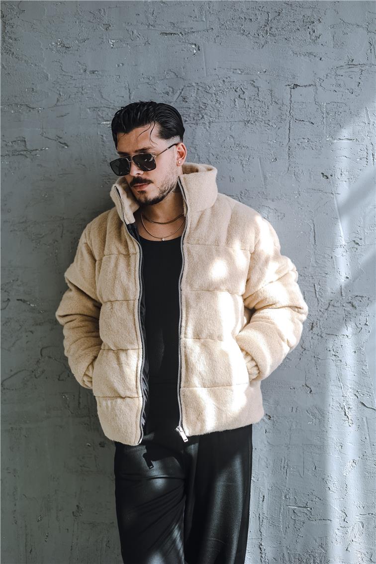Yün Oversize Şişme Mont Krem