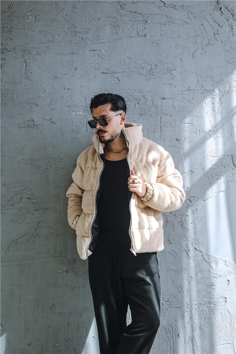 Yün Oversize Şişme Mont Krem