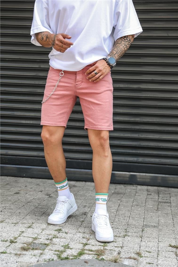 Zincir Detaylı Jean Şort Pudra