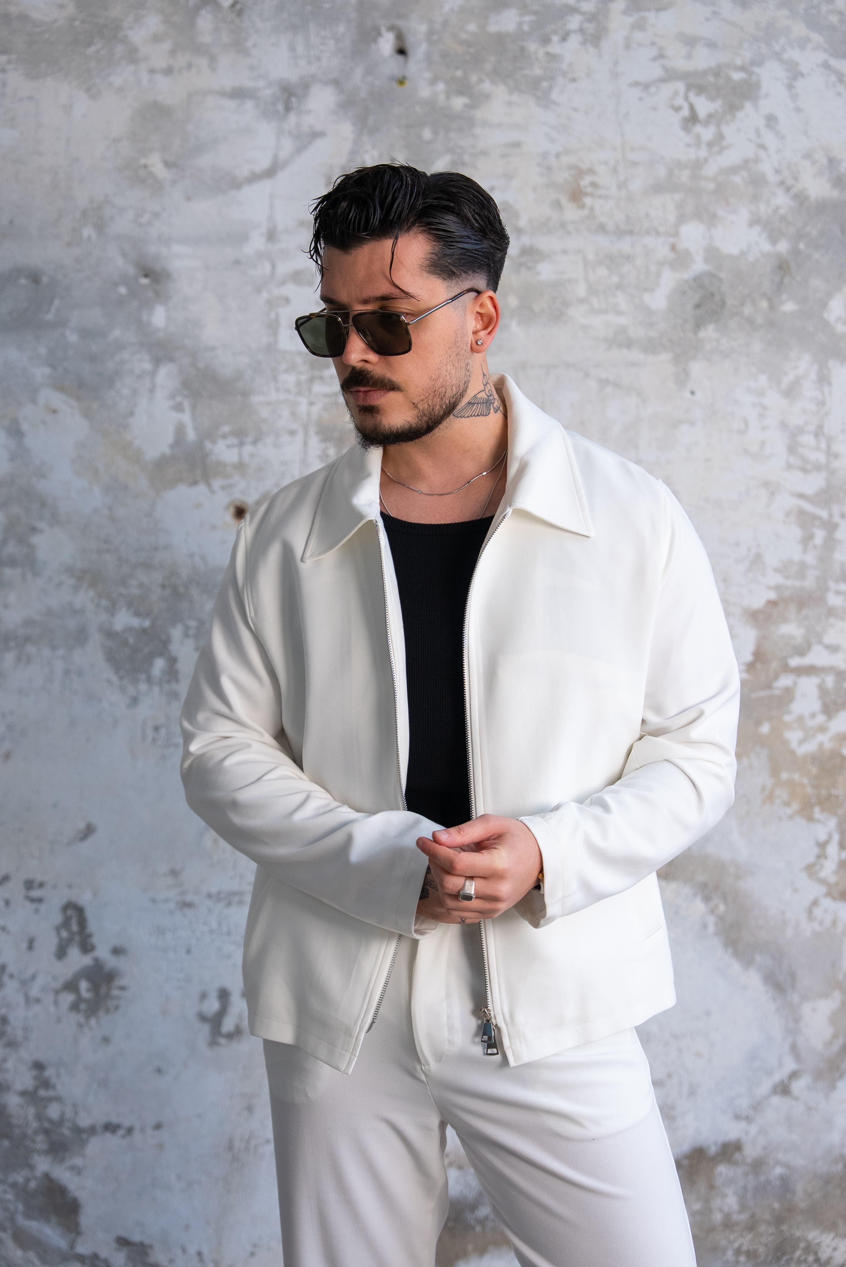 ZR Design Fermuarlı Rahat Kesim Takım Beyaz