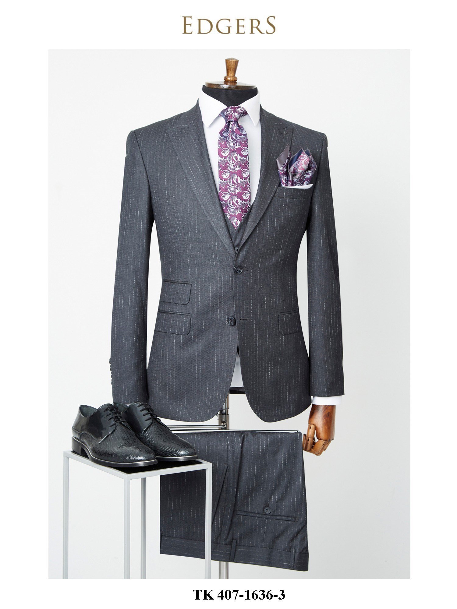 Single Breasted Slim Fit Striped Grey Men's Suit Wholesale