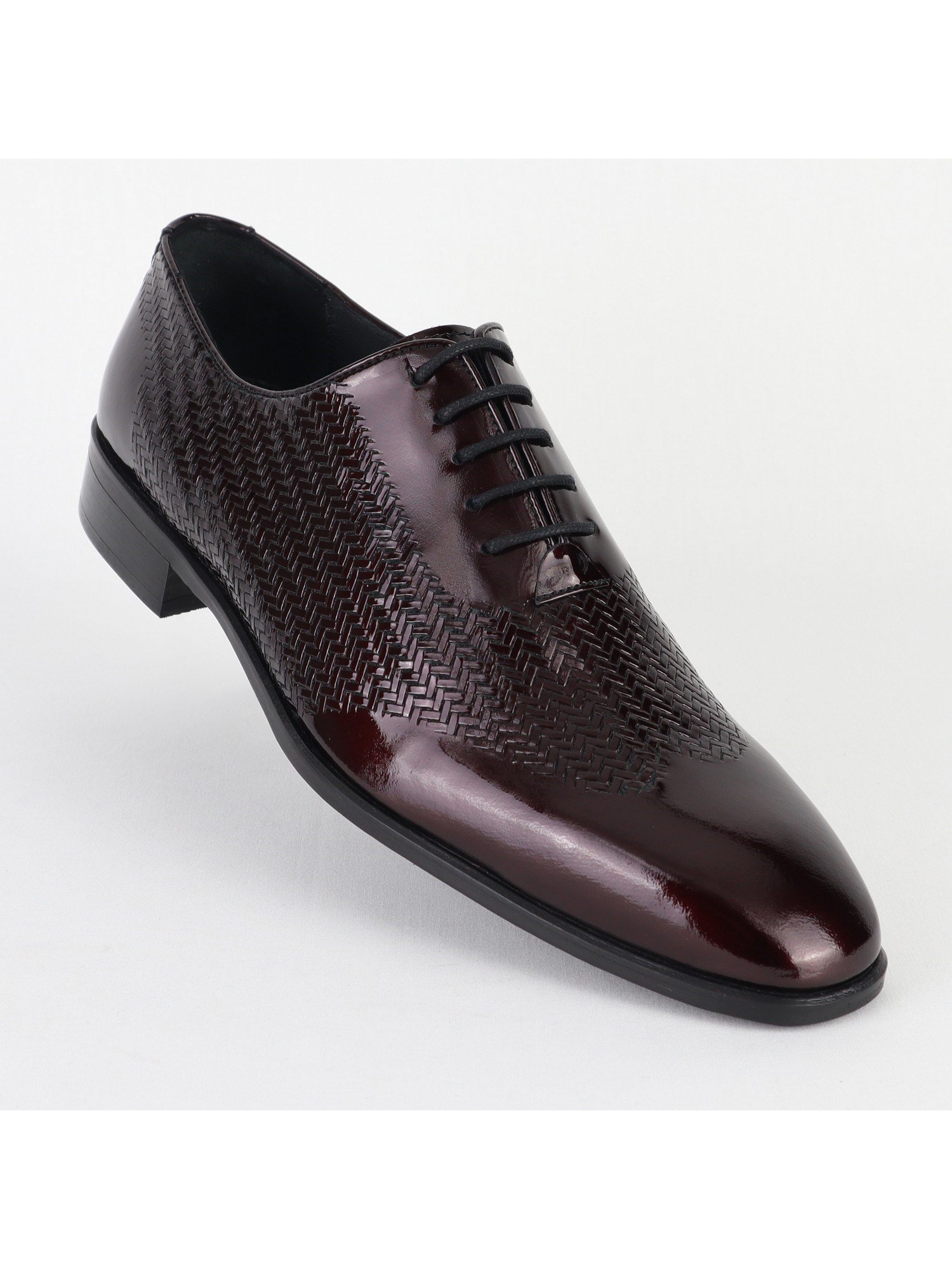 Burgundy Wicker Patterned Lacquered Lace Up Leather Men's Shoes Wholesale