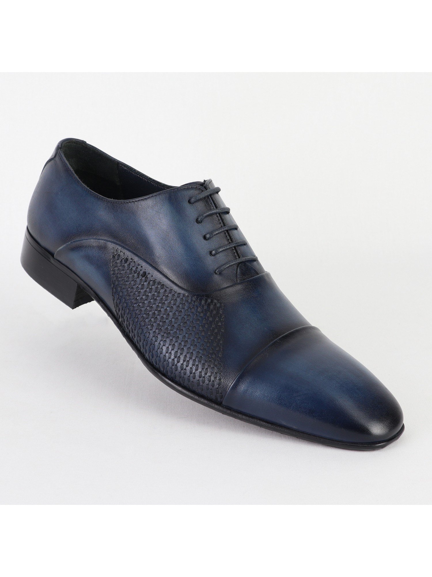 Leather Patterned Dark-Blue Classic Men's Shoes Wholesale