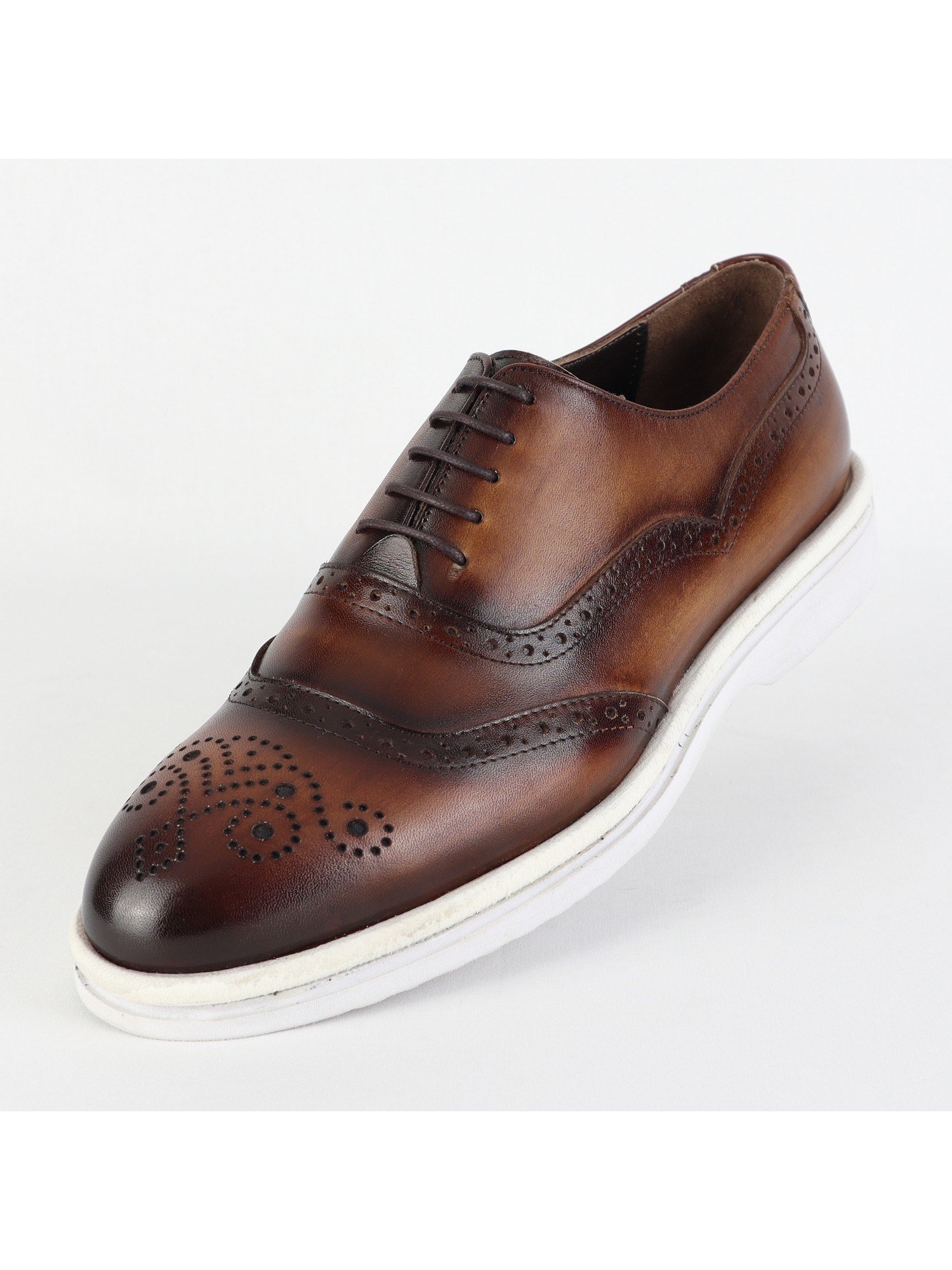 Brown Toned White Sole Wingtip Dotted Leather Men’s Shoes Wholesale