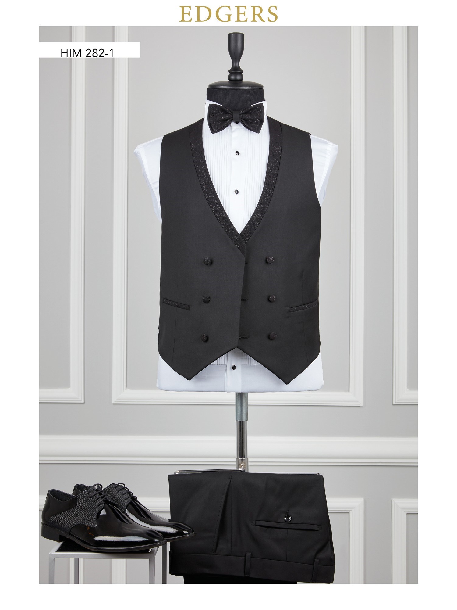Edgers Tek Düğme Yelekli Black Silvery Collar Slim Fit Damatlık Takım HİM 282