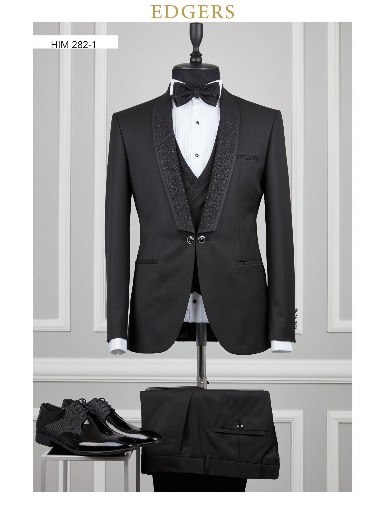 Edgers Tek Düğme Yelekli Black Silvery Collar Slim Fit Damatlık Takım HİM 282