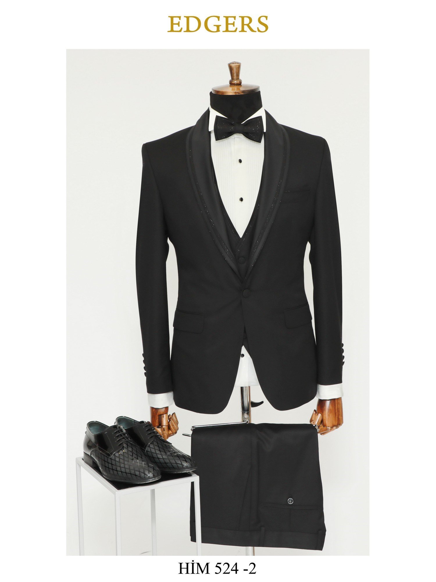 Edgers Tek Düğme Yelekli Black Silvery Collar Slim Fit Damatlık Takım HİM 524