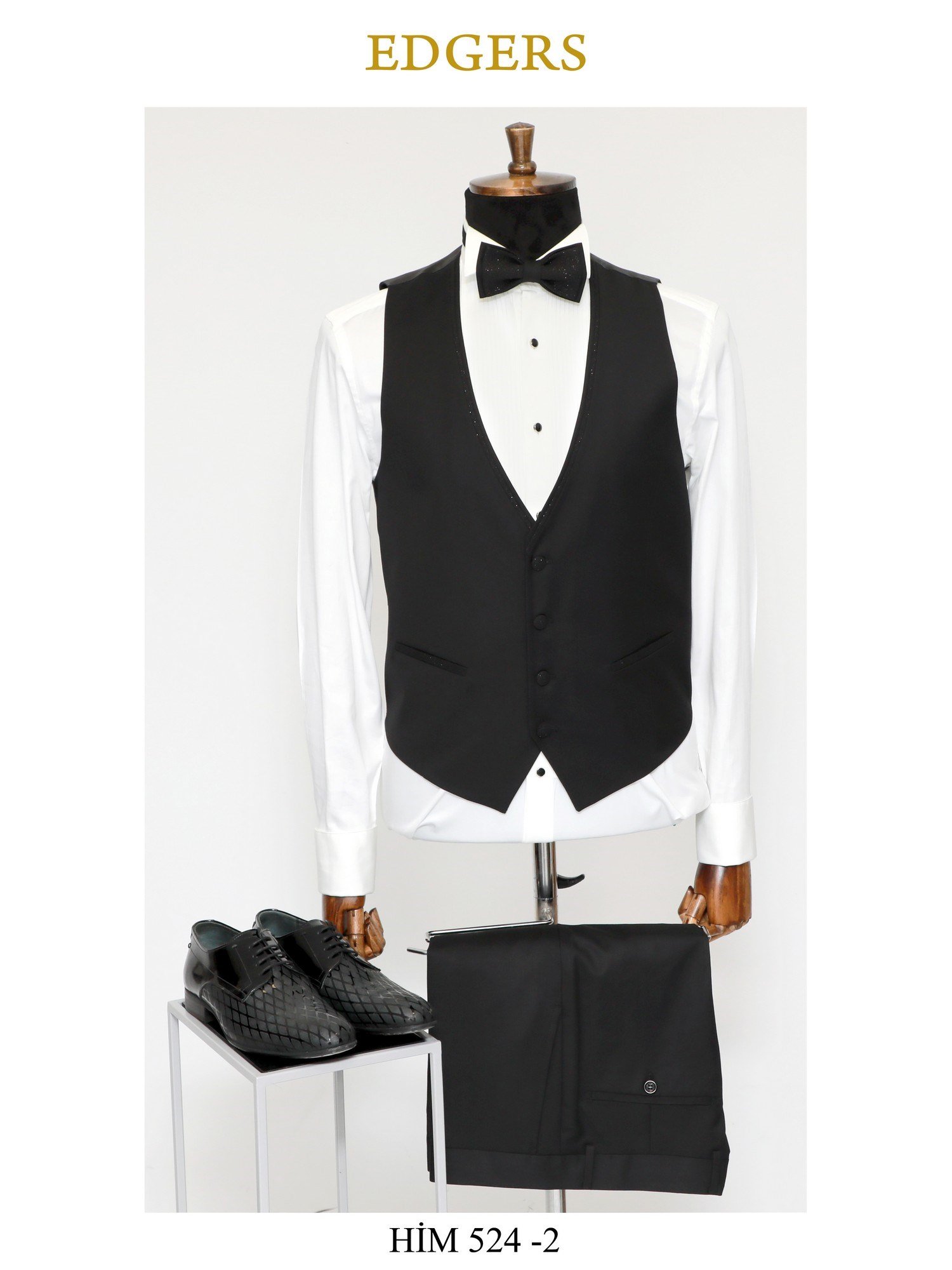 Edgers Tek Düğme Yelekli Black Silvery Collar Slim Fit Damatlık Takım HİM 524