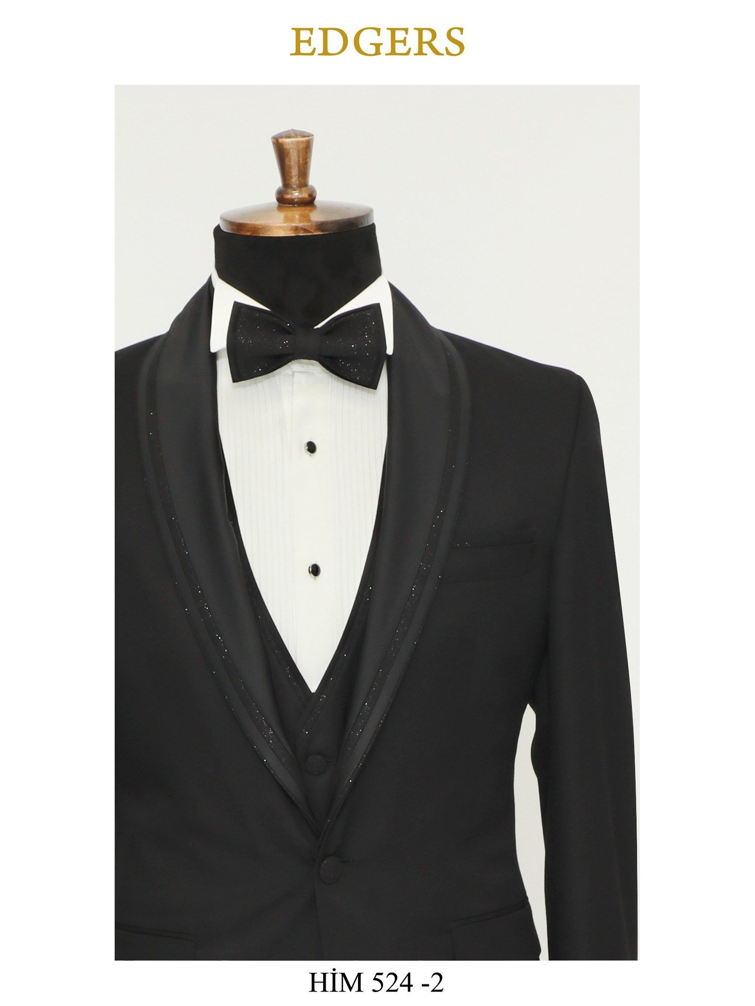 Edgers Tek Düğme Yelekli Black Silvery Collar Slim Fit Damatlık Takım HİM 524