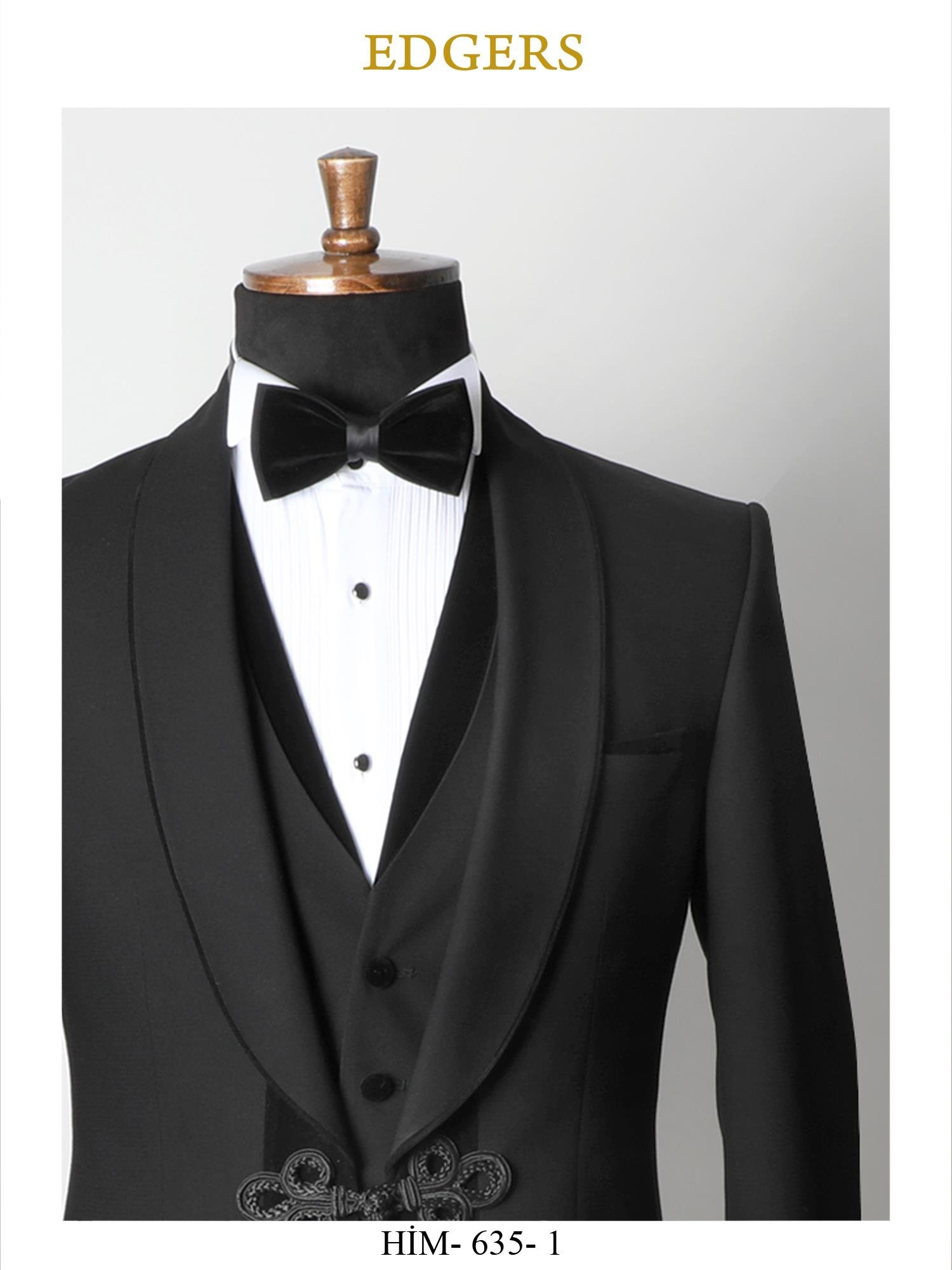 Edgers Tek Düğme Yelekli Black Slim Fit Damatlık Takım HİM 635