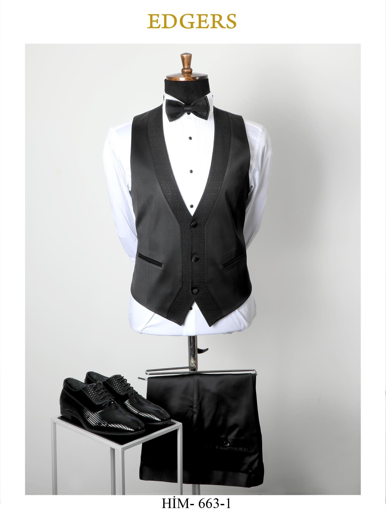 Edgers Tek Düğme Yelekli Black Slim Fit Damatlık Takım HİM 663