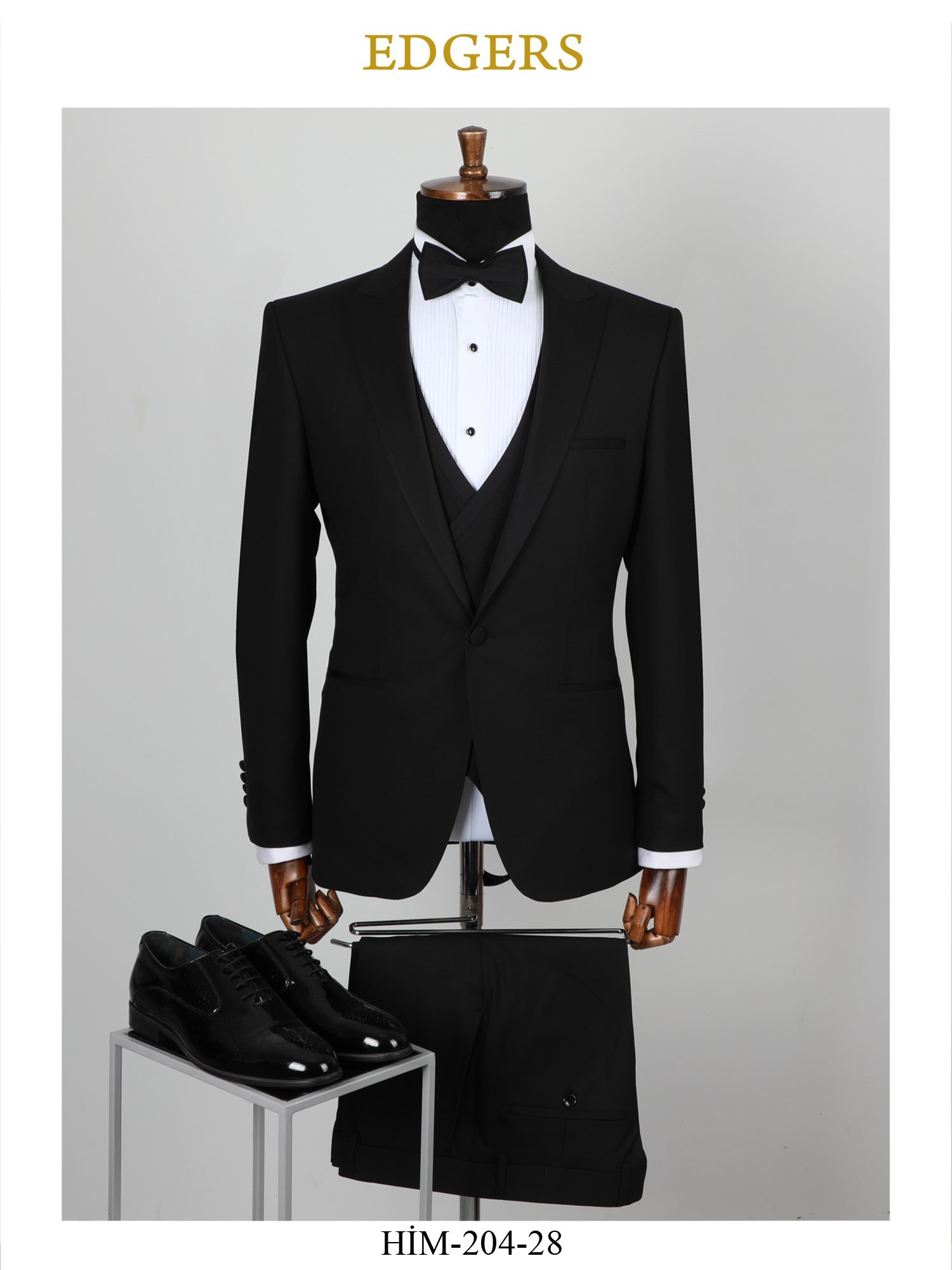 Edgers Tek Düğme Yelekli Black Slim Fit Damatlık Takım HİM 204